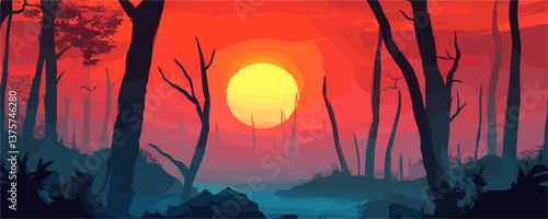 Serene sunset scene in a forest clearing with silhouetted trees - vector.