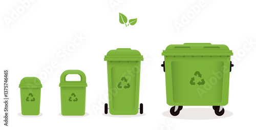 Waste recycling bins in different shapes. Home, street and large green trash cans. Recycle and green leaves icons. Vector flat cartoon clip art.