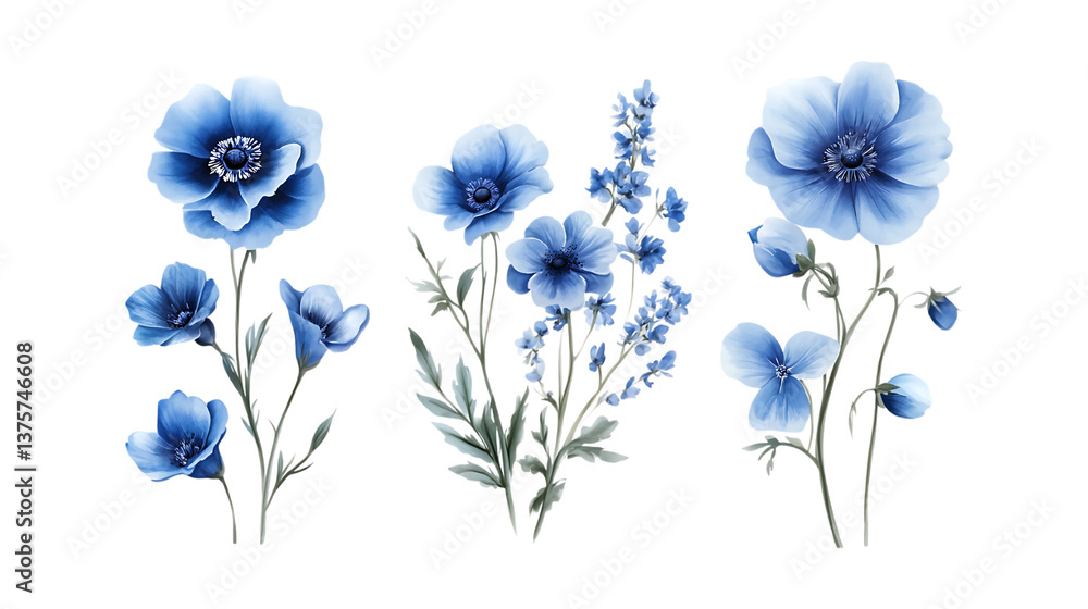 Obraz premium Bouquet of Blue Flowers Set of Three Different Poses on Transparent Background for Floral Design, Wedding Decoration, or Gift Promotion