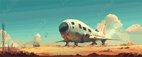 Abandoned futuristic spaceship in desert landscape with clouds and birds - vector.