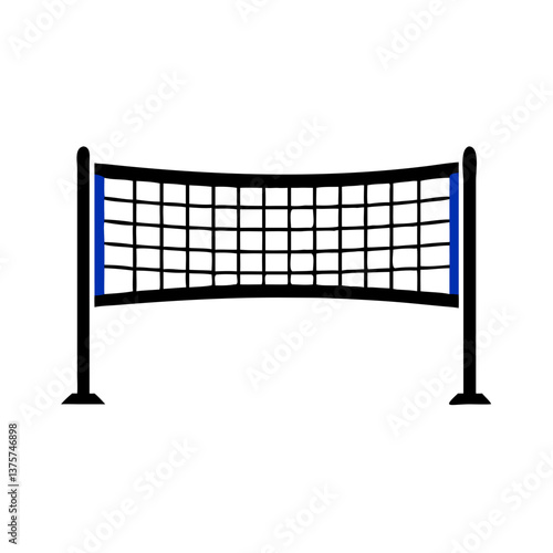 Volleyball net icon in black silhouette style with blue details, sports equipment design concept