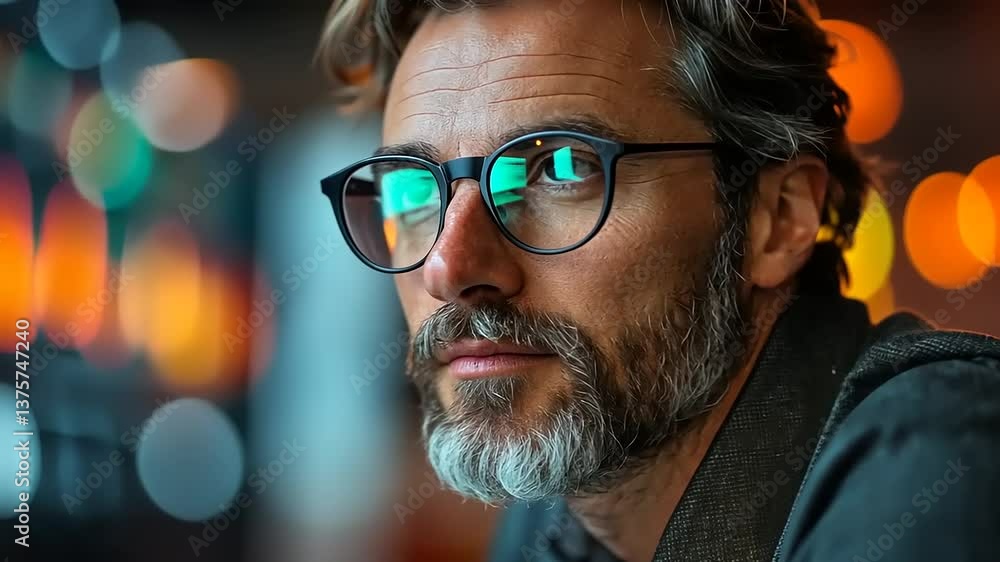 Thoughtful man in glasses against a vibrant background Thoughtful man in glasses against a vibrant background