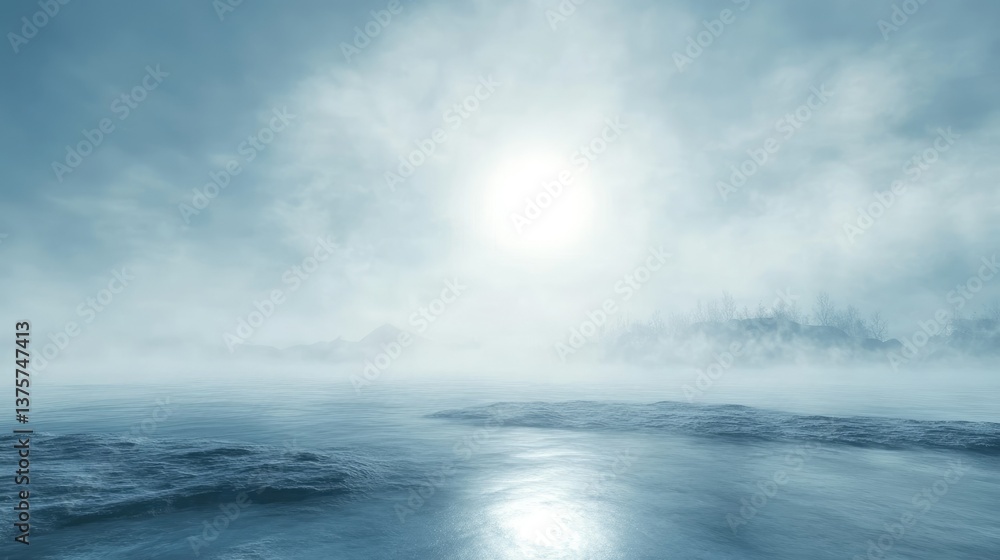 Foggy landscape with a bright hazy sun creating a soft glow, evoking tranquility and calmness Foggy landscape with a bright hazy sun creating a soft glow, evoking tranquility and calmness