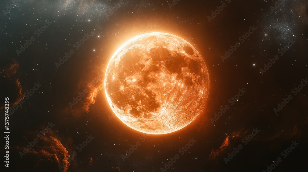 Full moon with an orange hue centered in a dark starry background, creating a mystical atmosphere Full moon with an orange hue centered in a dark starry background, creating a mystical atmosphere