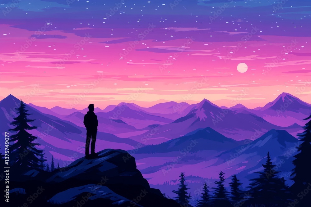 Obraz premium Standing on the peak of a mountain, a man observes the expansive view