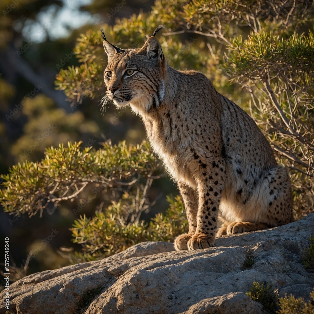 Fototapeta premium Iberian lynx standing on a sunlit rock in a Mediterranean woodland.