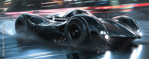 Futuristic black sports car racing at high speed on wet night city streets - vector.
