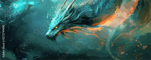 Majestic fiery dragon with glowing eyes in mystical oceanic depths - vector.