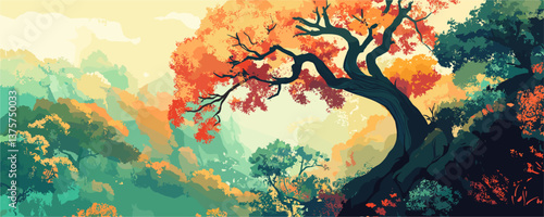 Vibrant autumn tree on hillside with colorful foliage and scenic landscape background – vector.