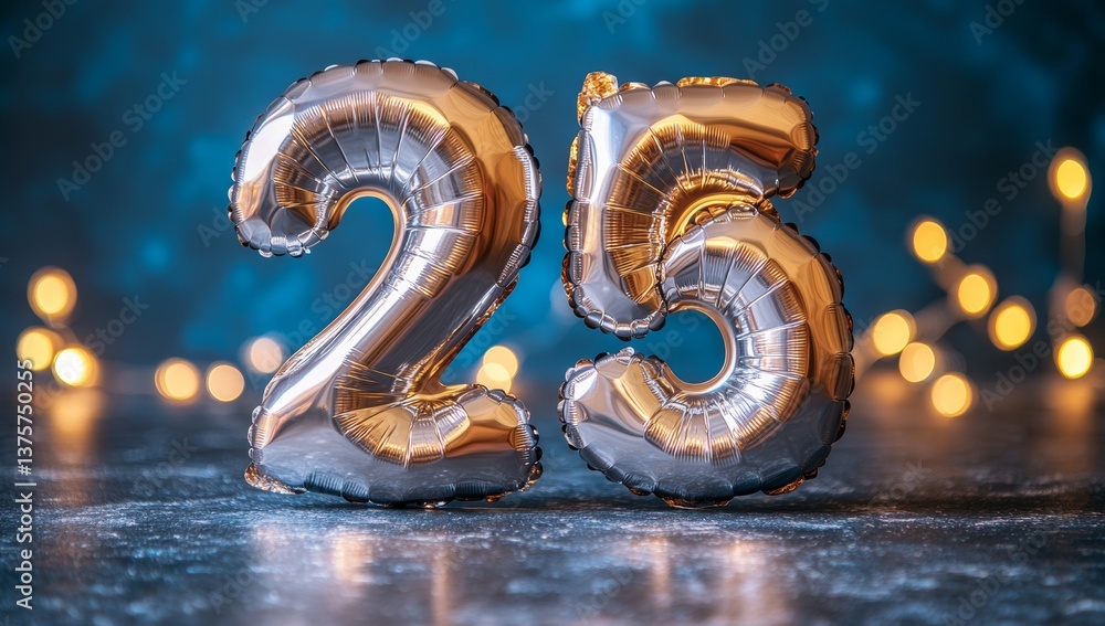 A dark blue background with a banner displaying a silver balloon in the shape of the number 25, commemorating 25 years A dark blue background with a banner displaying a silver balloon in the shape of the number 25, commemorating 25 years