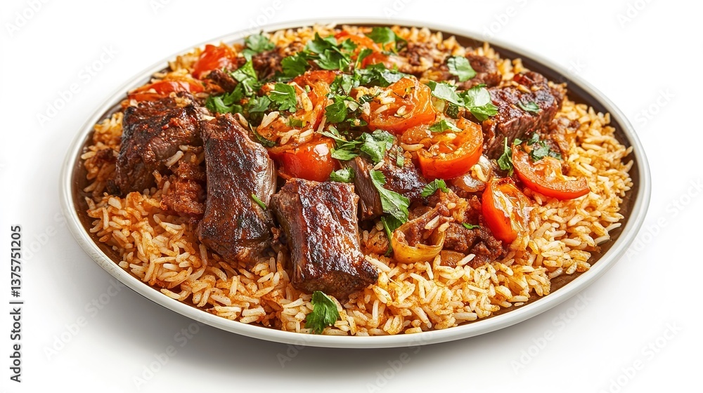 Fototapeta premium Delicious machbous bahrain's national dish of spiced rice and meat vibrant colors culinary delight close-up view