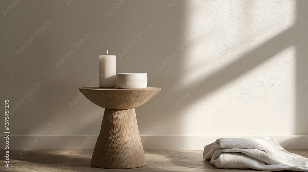 Minimalist Decor with Candle and Neutral Tones on a Wooden Side Table in Soft Light. Minimalist Decor with Candle and Neutral Tones on a Wooden Side Table in Soft Light.