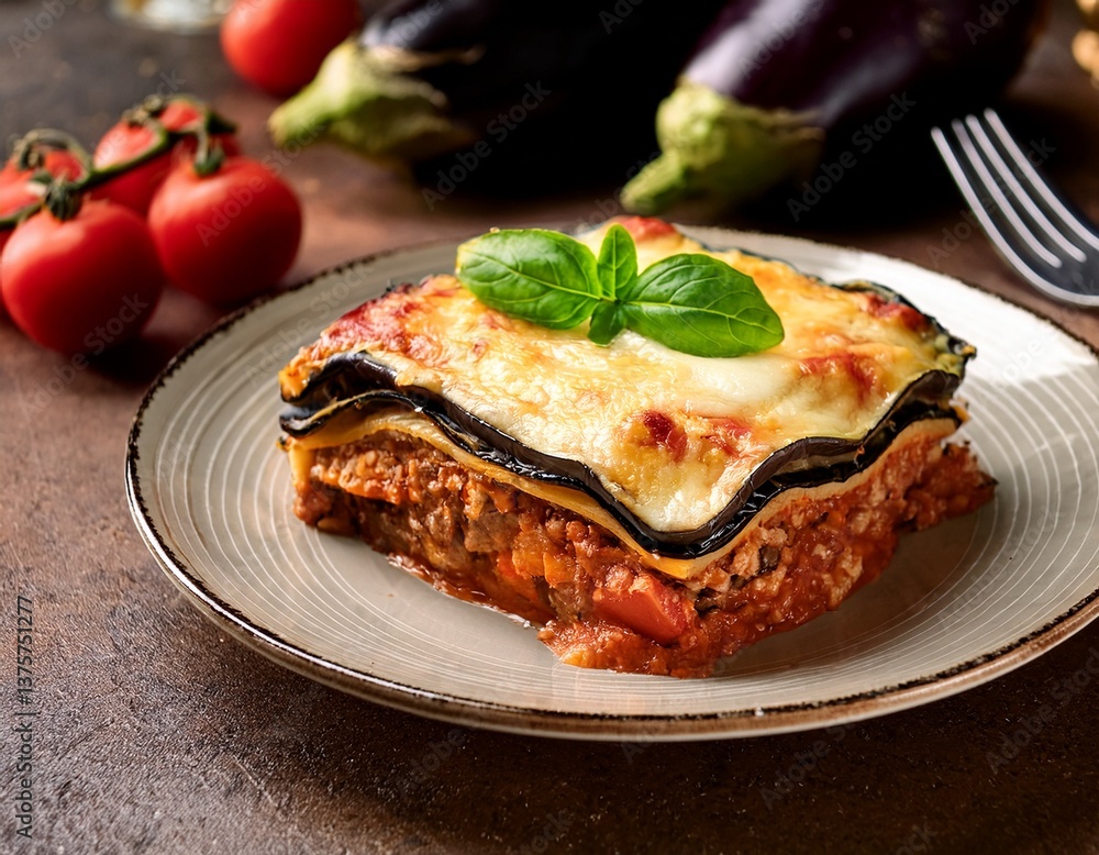 Italian traditional single portion of eggplant Lasagna on a plate. Generated image Italian traditional single portion of eggplant Lasagna on a plate. Generated image