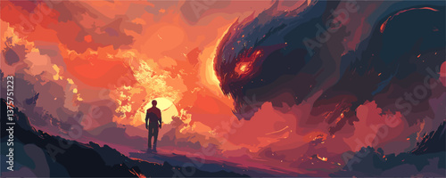 Lone warrior confronting fiery dragon at sunset, epic fantasy scene - vector.