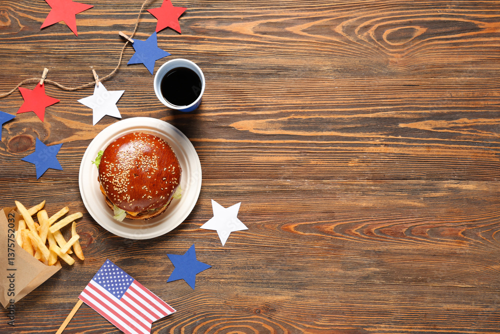 Φωτογραφία Tasty burger with flag of USA, french fries and cola on wooden background