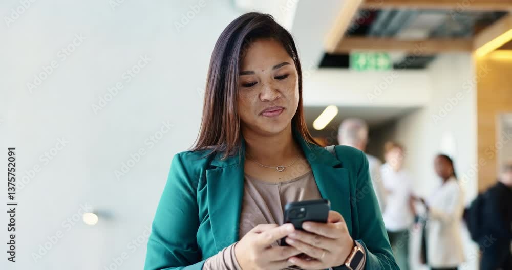 Phone, communication and businesswoman in convention center for email with client feedback. Reading, contact and Asian journalist on cellphone with online review at magazine publishing conference. Phone, communication and businesswoman in convention center for email with client feedback. Reading, contact and Asian journalist on cellphone with online review at magazine publishing conference.