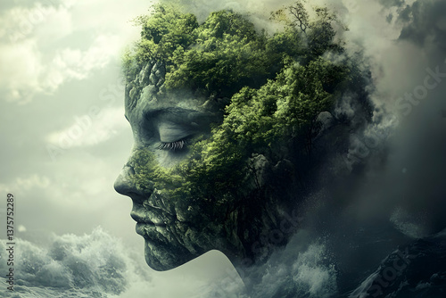 Surreal profile of a face formed by mossy forest and clouds, merging nature and humanity. Dreamlike green textures evoke ecology, imagination, and serenity.