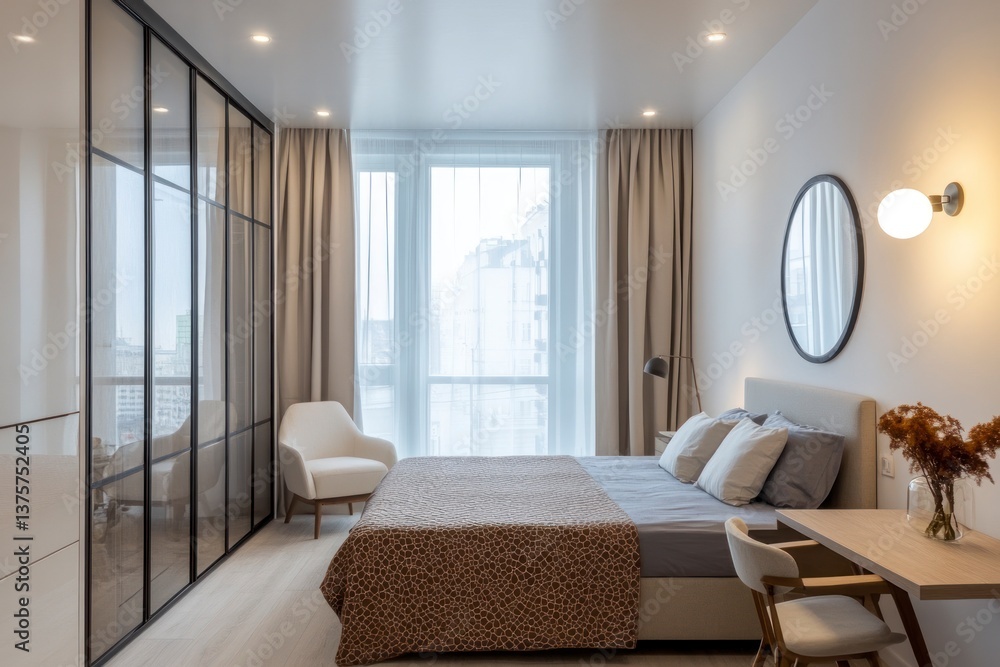 Fototapeta premium Modern Bedroom Interior with Bed, Workspace, and City View