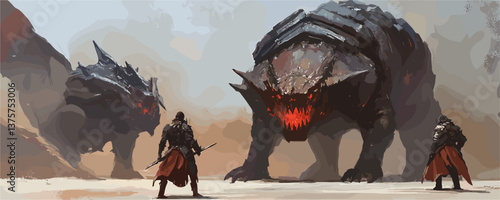Warriors confront enormous beasts in epic battle scene - vector.