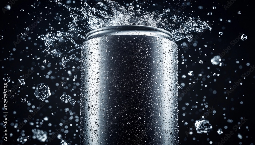 Against a deep black background, a chilled silver can is surrounded by bursting ice and water droplets, presenting a cool and crisp alcoholic refreshment Against a deep black background, a chilled silver can is surrounded by bursting ice and water droplets, presenting a cool and crisp alcoholic refreshment