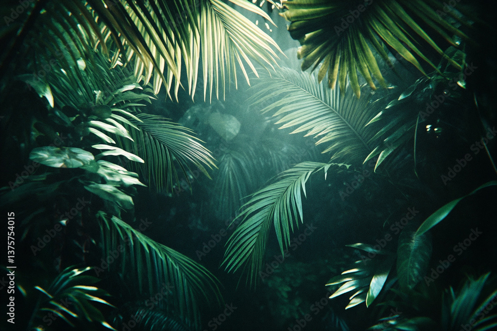 Fototapeta premium Mysterious dark jungle background with lush tropical palm leaves framing a central area. Hazy, atmospheric light filters through the dense green foliage.