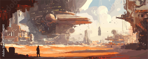 Futuristic desert cityscape with massive spaceships and lone figure - vector.