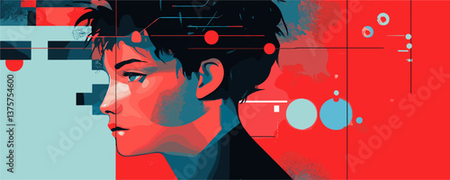 Colorful abstract portrait with geometric shapes and red accents - vector.