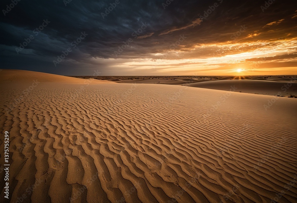 Naklejka premium A sand dune in the middle of a desert at sunset.