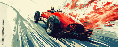 Red race car speeds on track with motion blur, dynamic motorsport scene - vector.