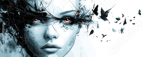 Surreal woman with butterfly mask and red eyes in abstract dreamscape – vector.