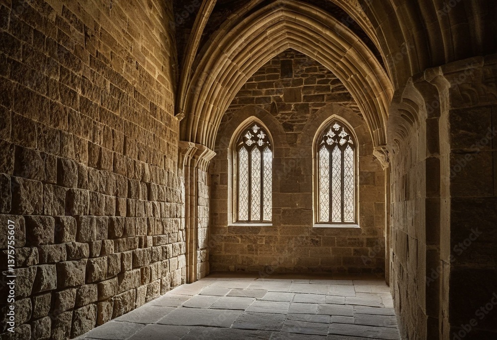 Obraz premium A stone archway with two windows in a stone building.
