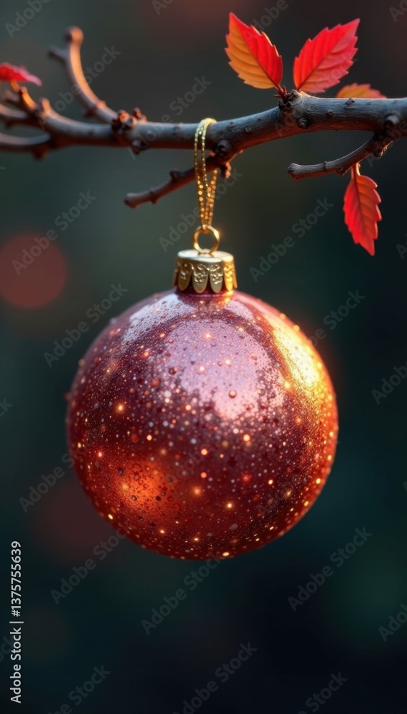 Fototapeta premium Glittering metallic orb suspended from a branch, nature, orb, metallic