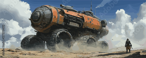 Futuristic desert exploration with massive wheeled vehicle and lone traveler on dusty landscape - vector.