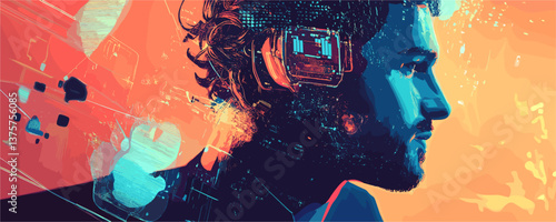 Futuristic digital portrait of man with headphones in cyberpunk style - vector.