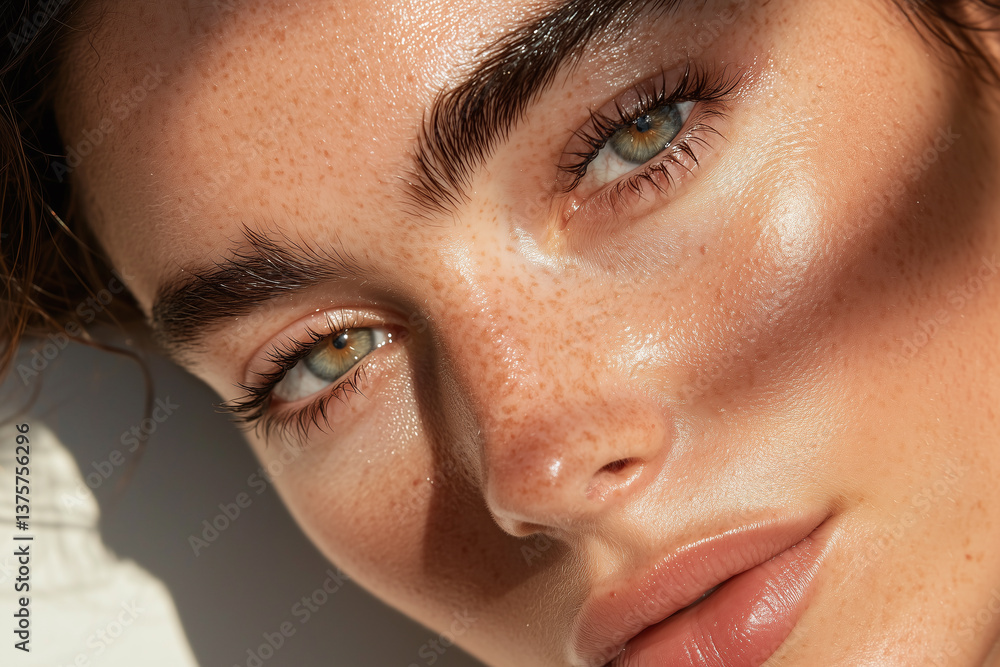 Youthful model with striking features, showcasing freckles and captivating eyes. natural glow and soft lighting enhance beauty and detail of skin