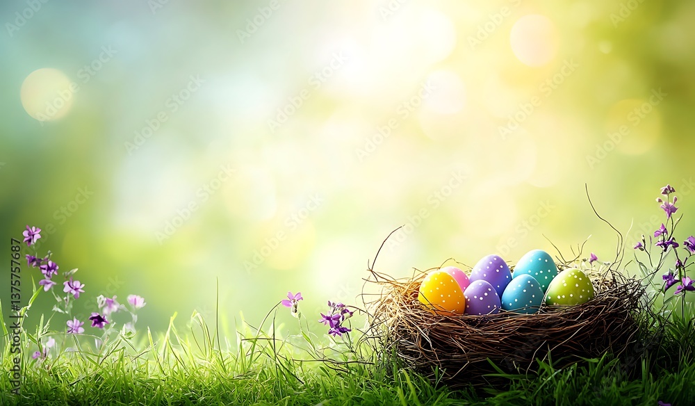 Decorated Easter Eggs in Nest on Grass with Flowers under Bokeh Lights Backdrop Decorated Easter Eggs in Nest on Grass with Flowers under Bokeh Lights Backdrop