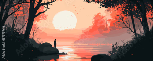 Serene sunset silhouette of a person by a lake with forest background – vector.
