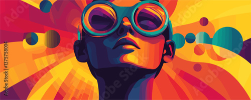 Vibrant abstract art of a person with large glasses and colorful background – vector.