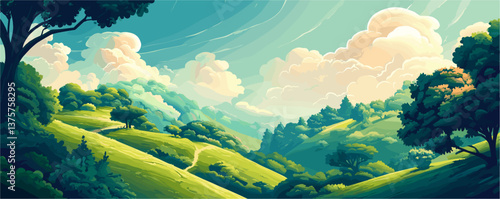 Tranquil scenic landscape with lush green hills and dramatic clouds - vector.