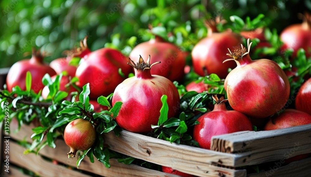 Close-up of fresh pomegranates in open wooden crates for harvest season display with copy space Close-up of fresh pomegranates in open wooden crates for harvest season display with copy space