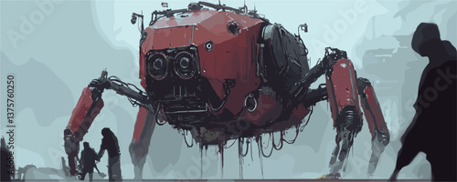 Futuristic red robot in post-apocalyptic landscape, silhouetted figures, sci-fi art - vector.