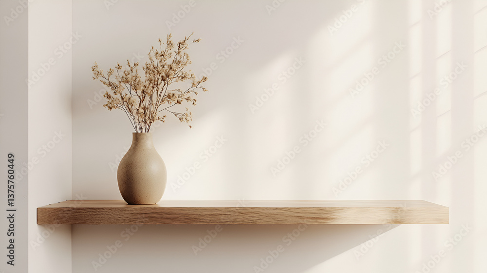 Minimalist interior with light streaming on a vase of dried flowers on a wooden shelf. Simple and natural. Minimalist interior with light streaming on a vase of dried flowers on a wooden shelf. Simple and natural.