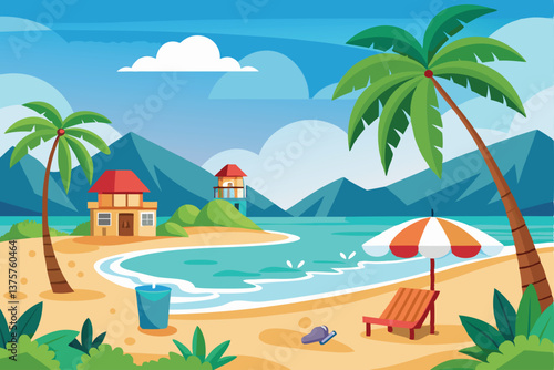 Tropical palm trees line the sun-kissed sand of a paradise island coast
