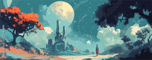 Woman in surreal moonlit landscape with ruins and clouds - vector.