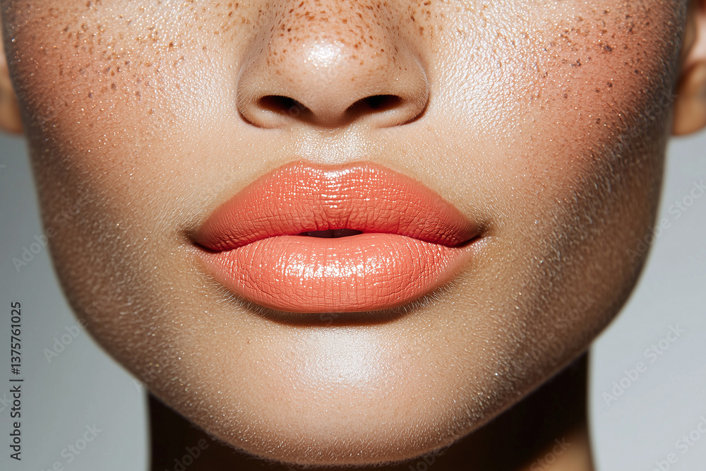 Close up portrait of young woman with coral toned lips and freckles, showcasing fresh and radiant look. smooth skin and vibrant lip color create inviting and warm expression