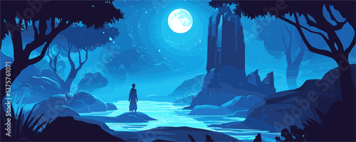 Tranquil night landscape with moonlit river and silhouetted figure vector.