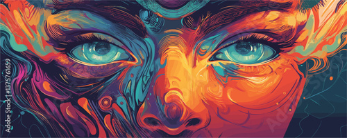 Colorful abstract face with intense eyes, vibrant surreal design, digital art vector.