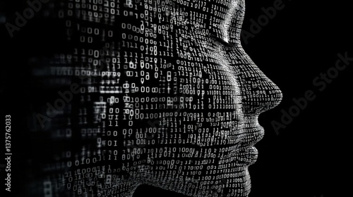 This striking image features a profile silhouette filled with binary code, representing the merging of technology and humanity in a digital age focused on data and identity.