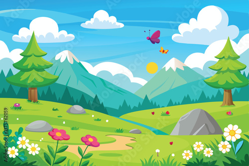Vibrant summer landscape vector illustration of a green meadow with flowers, hills, and distant mountains under a bright sky