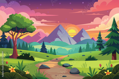 Summer mountain scenery with a rural house, green trees, and a bright sky